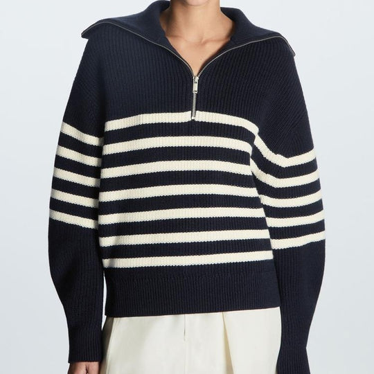 Damen Gestreifter Half‑Zip Strickpullover mit Matrosenkragen und überschnittener Schulter Shop Nory