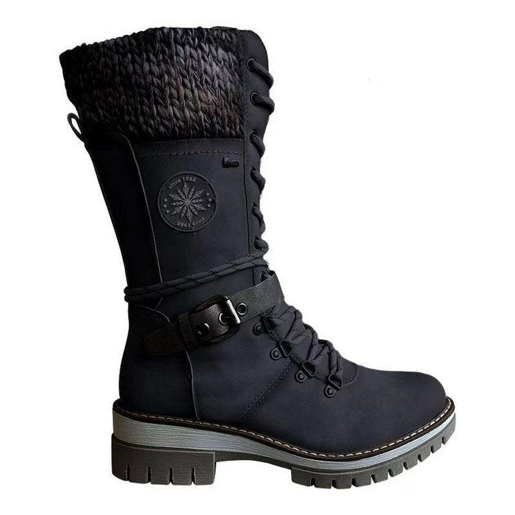 Damen nan knöchel- bis wadenhohe Schnürstiefel mit gestrickter Manschette, wasserdichter Membran, dekorativer Schnallenlasche und robuster Profilsohle Shop Nory