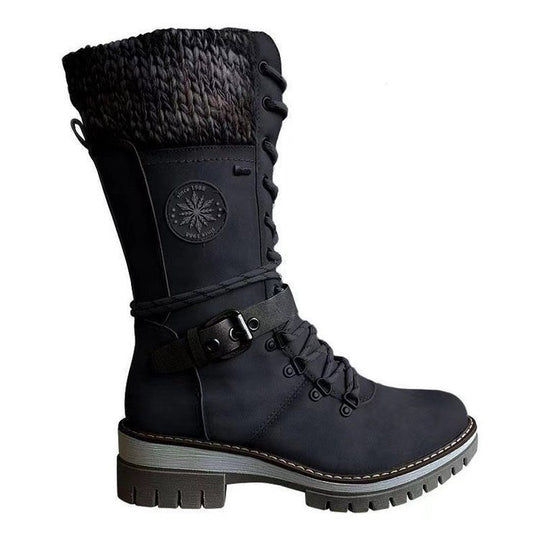Damen nan knöchel- bis wadenhohe Schnürstiefel mit gestrickter Manschette, wasserdichter Membran, dekorativer Schnallenlasche und robuster Profilsohle Shop Nory