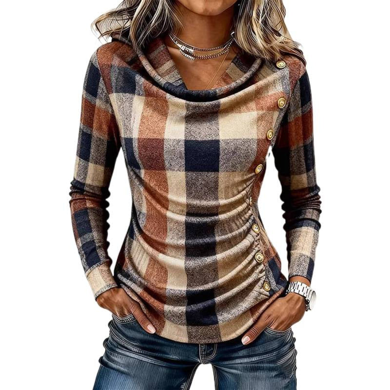 Damen Kariertes Langarm-Feinstrickshirt mit Wasserfallkragen und Zierknopfleiste Shop Nory