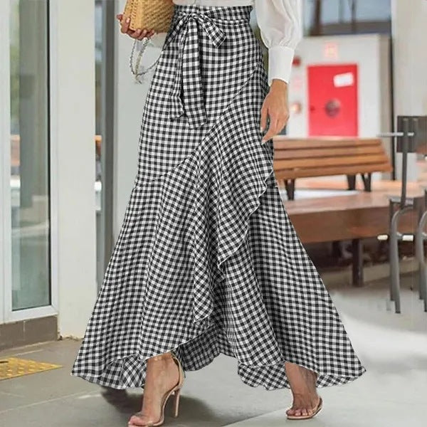 Damen nan Wickel-Maxirock mit Vichy-Karo, hoher Taillenbinde und asymmetrischem Volantsaum Shop Nory