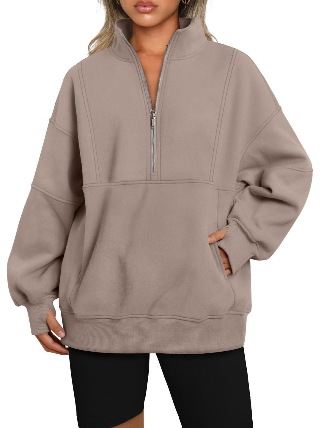Damen Oversize-Sweatshirt mit halbem Reißverschluss, Stehkragen und Kängurutasche Shop Nory