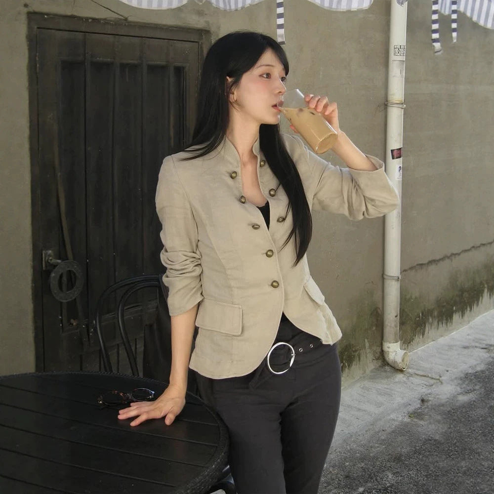 Damen Taillierter Leinenblazer mit Stehkragen und Zierknopfleiste Shop Nory
