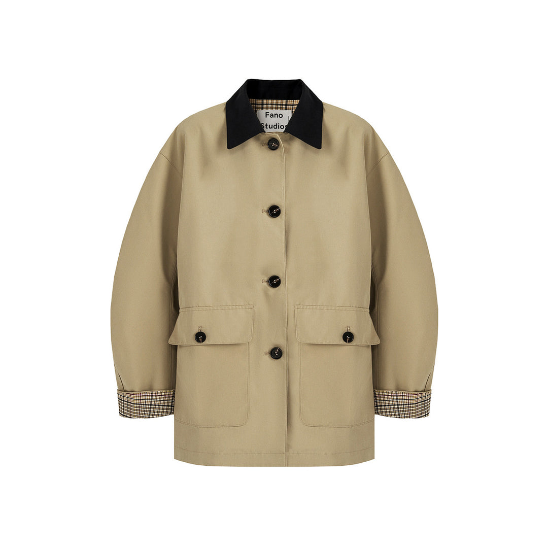 Damen Kurztrenchjacke mit Karofutter und Kontrastkragen Shop Nory