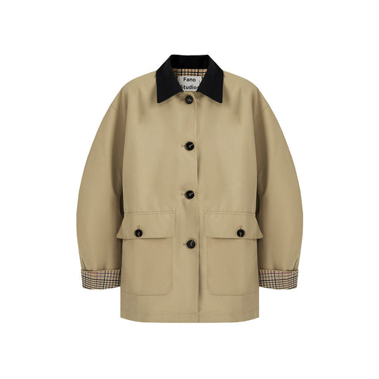 Damen Kurztrenchjacke mit Karofutter und Kontrastkragen Shop Nory
