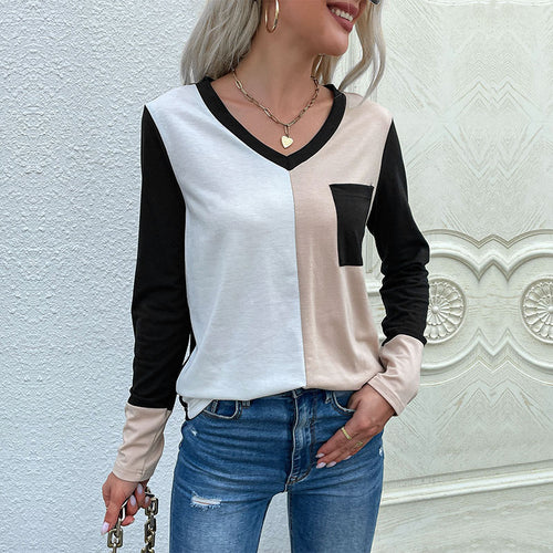 Damen Elegantes Colorblock-Langarmshirt mit V‑Ausschnitt und Brusttasche Shop Nory