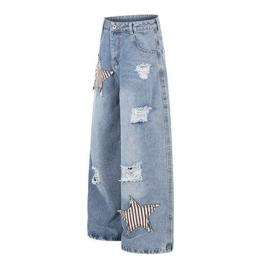 Damen weite hochgeschnittene Jeans mit Stern-Applikationen und Destroy-Effekt Shop Nory