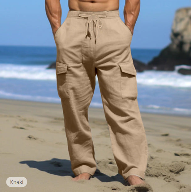 Herren weite Freizeit-Cargohose aus Leinenmix mit Tunnelzugbund, aufgesetzten Klappentaschen und entspanntem Strandfit Shop Nory