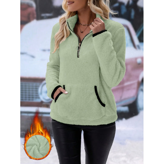 Damen flauschiger Fleece-Kuschelpullover mit halbem Reißverschluss, Kängurutasche und Stehkragen Shop Nory