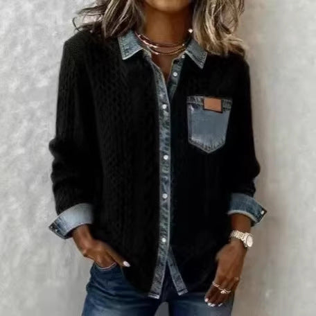 Damen nan geflochtener Strickpullover mit integriertem Jeanskragen und Brusttasche Shop Nory
