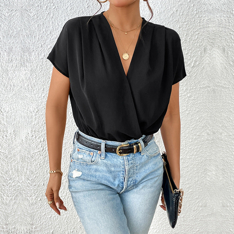 Damen Blusenshirt mit eleganter Wickeloptik und kurzen Ärmeln