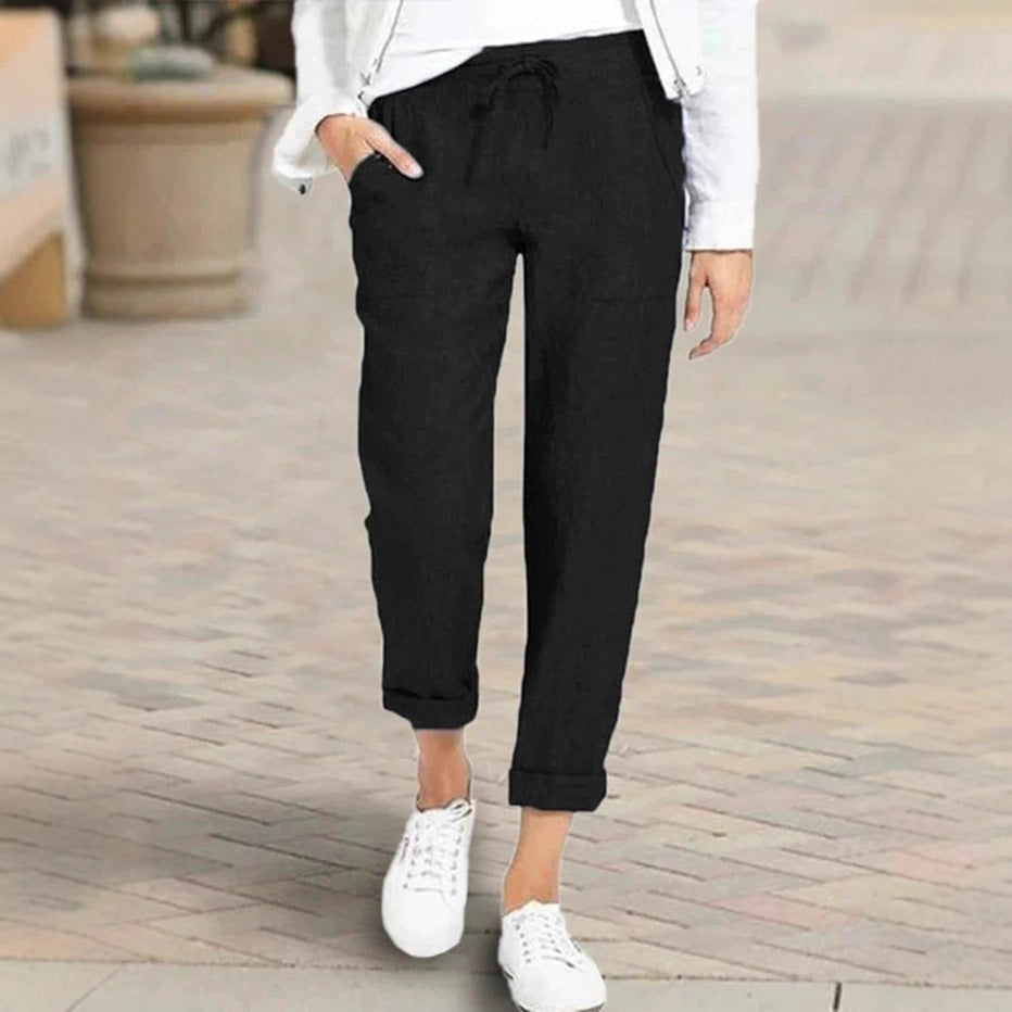 Damen entspannte Leinenhose mit elastischem Bund und praktischen Taschen