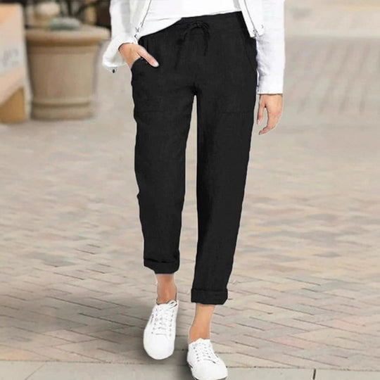 Damen entspannte Leinenhose mit elastischem Bund und praktischen Taschen