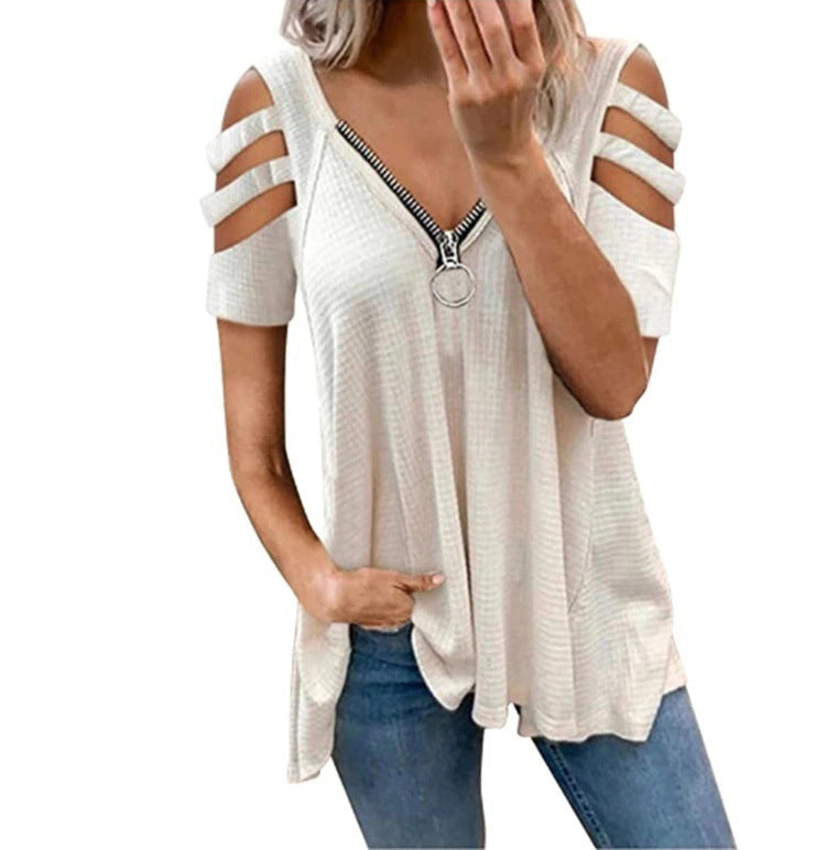 Damen lässiges Oberteil mit modischen Cut-Out-Details und Reißverschluss Shopnory