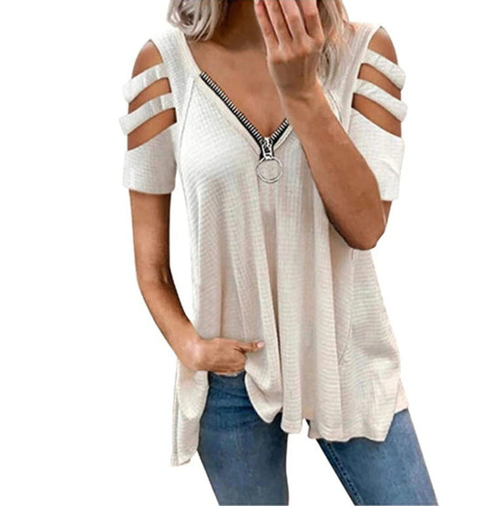 Damen lässiges Oberteil mit modischen Cut-Out-Details und Reißverschluss Shopnory