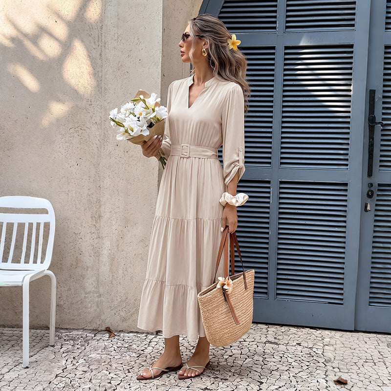 Damen Luftiges Viskose-Stufenmidikleid mit V-Ausschnitt, Bindegürtel und Manschettenärmeln Shop Nory