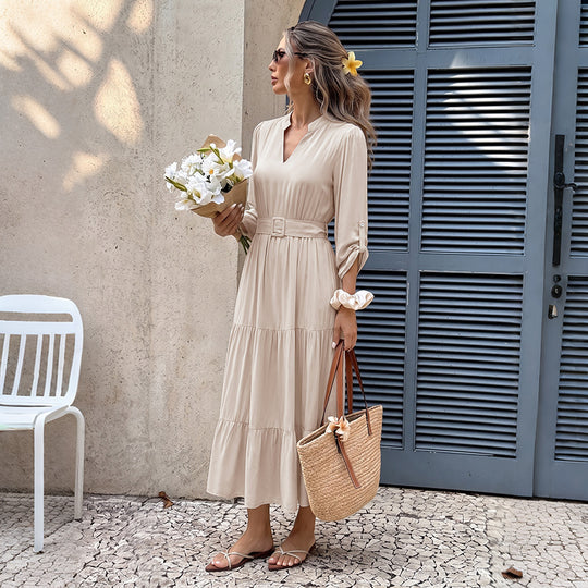Damen Luftiges Viskose-Stufenmidikleid mit V-Ausschnitt, Bindegürtel und Manschettenärmeln Shop Nory