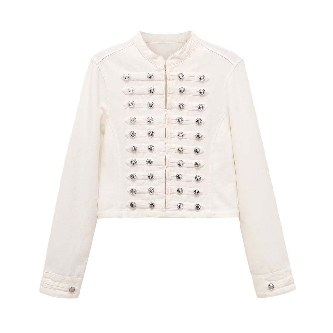 Damen Jeansjacke im Militärstil mit Stehkragen und dekorativen Zierknopfleisten Shop Nory