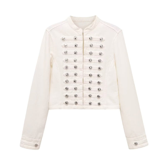 Damen Jeansjacke im Militärstil mit Stehkragen und dekorativen Zierknopfleisten Shop Nory