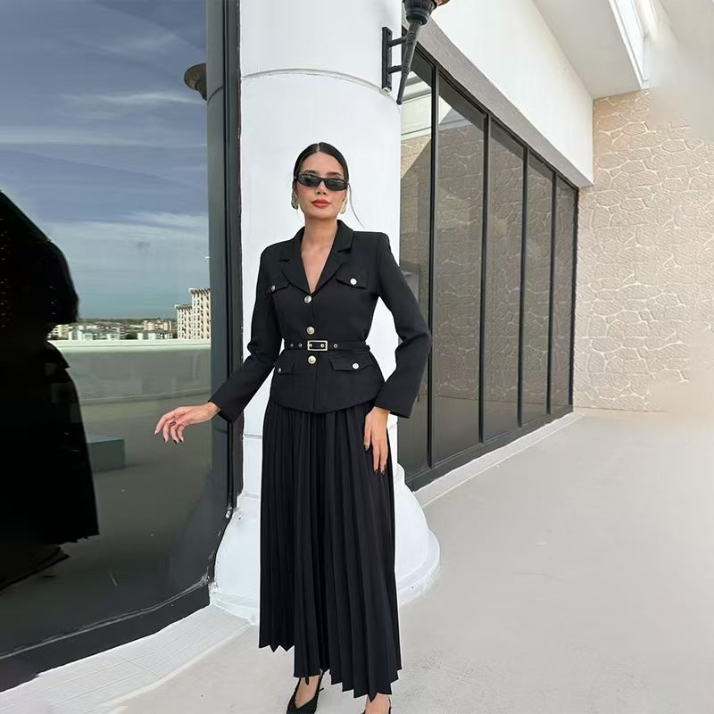 Damen Taillierter Blazer mit Gürtel und Plissierter Maxirock Set Shop Nory