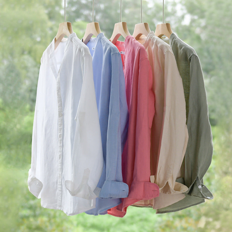 Herren Leichtes Leinenmix-Stehkragenhemd im Relaxed-Fit mit durchgehender Knopfleiste Shop Nory