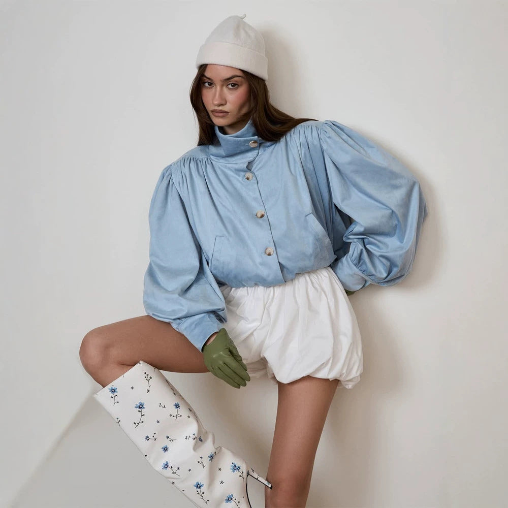 Damen Kurzjacke mit Volumenärmeln, Tunnelzugbund und Stehkragen Shop Nory