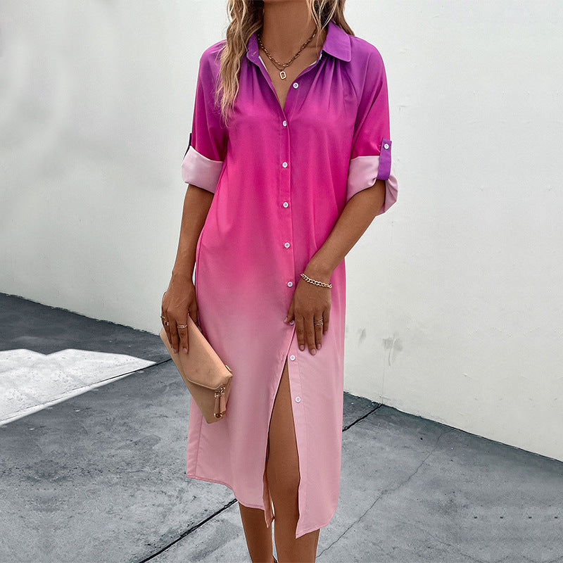 Damen Hemdblusenkleid mit sanftem Farbverlauf, lockerem Schnitt und krempelbaren dreiviertelärmeln Shop Nory