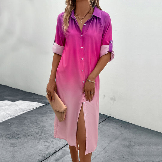 Damen Hemdblusenkleid mit sanftem Farbverlauf, lockerem Schnitt und krempelbaren dreiviertelärmeln Shop Nory