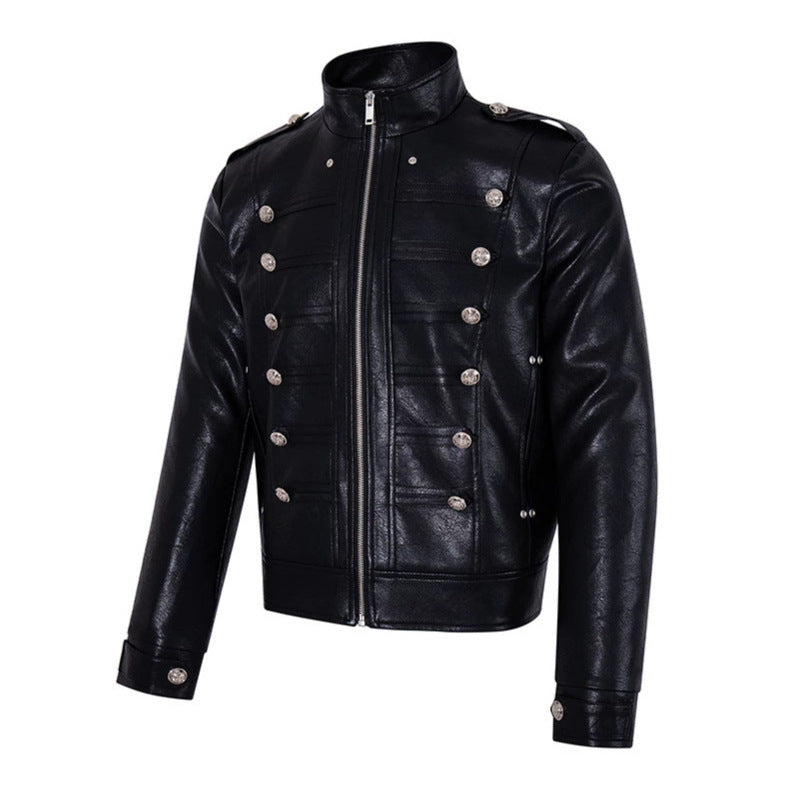 Herren Militärisch inspirierte Kunstlederjacke mit Stehkragen, Zierknopfreihe und Schulterpatten Shop Nory