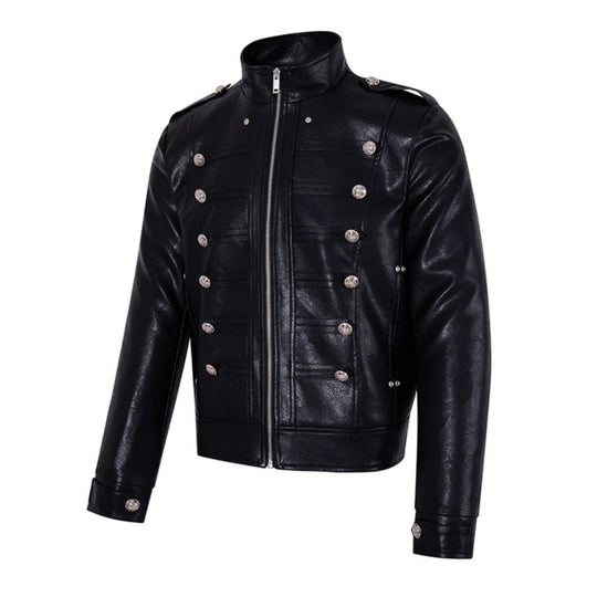 Herren Militärisch inspirierte Kunstlederjacke mit Stehkragen, Zierknopfreihe und Schulterpatten Shop Nory