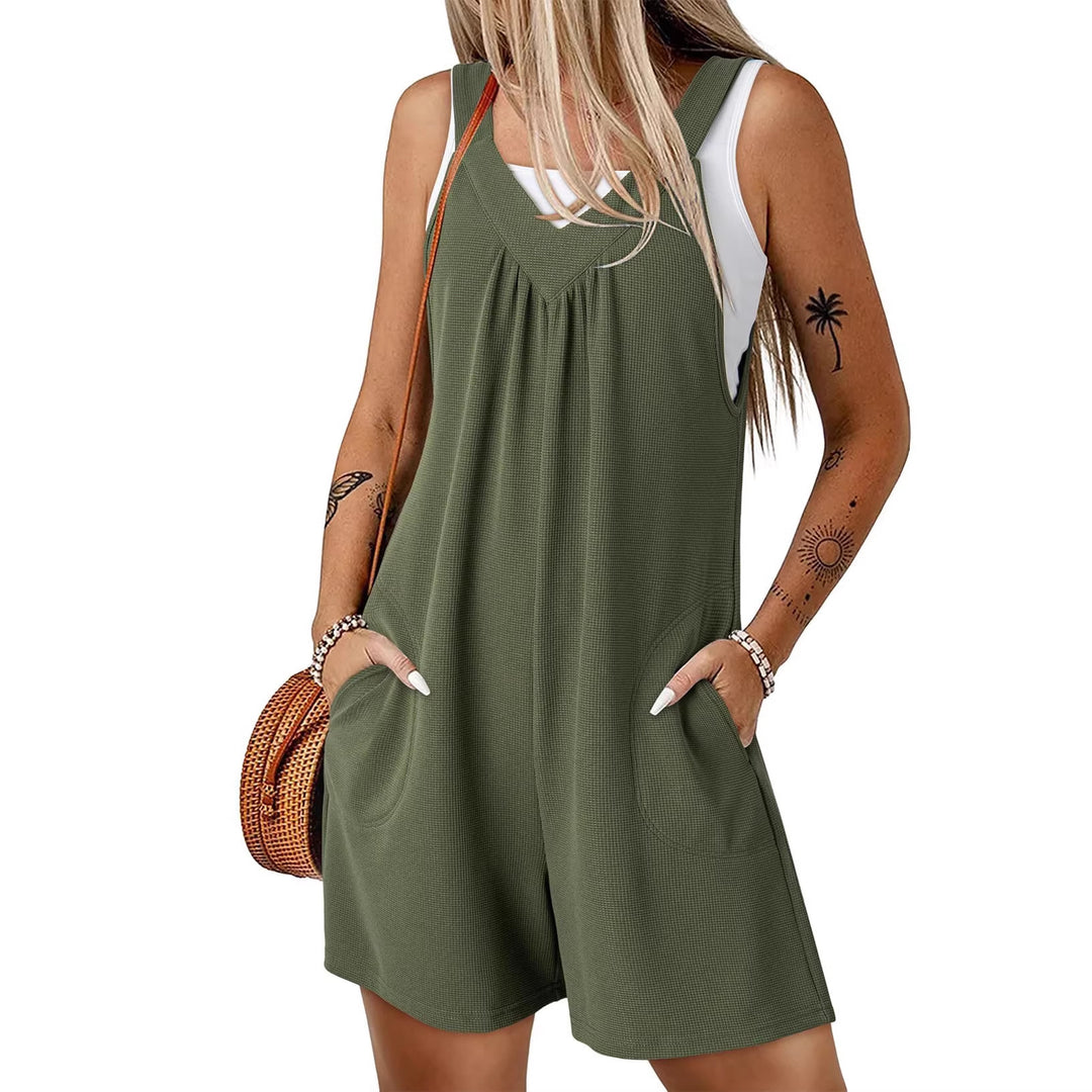 Damen Ärmelloser Waffel-Shorts-Overall mit V‑Ausschnitt und Eingrifftaschen Shop Nory