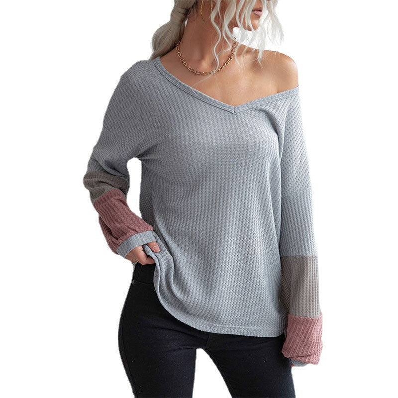 Damen Legeres Waffelstrick-Tunika-Shirt mit V‑Ausschnitt und Colorblock-Ärmeln Shop Nory