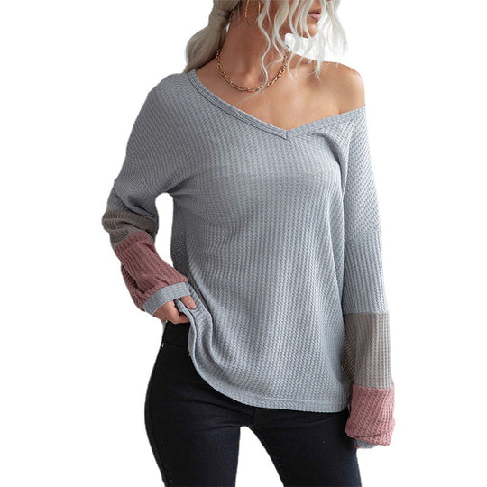 Damen Legeres Waffelstrick-Tunika-Shirt mit V‑Ausschnitt und Colorblock-Ärmeln Shop Nory