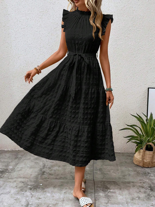 Damen Midikleid mit Stehkragen, Rüschenärmeln und Taillengürtel Shop Nory