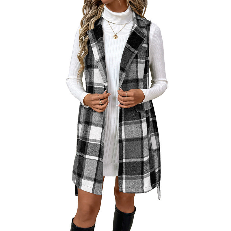Damen Karierte Langjacke ohne Ärmel Shop Nory