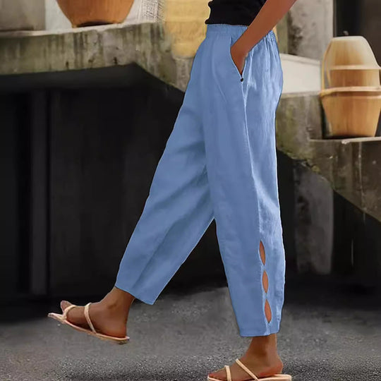 Damen Leichte Leinenhose mit seitlichen Schlitzen und elastischem Bund