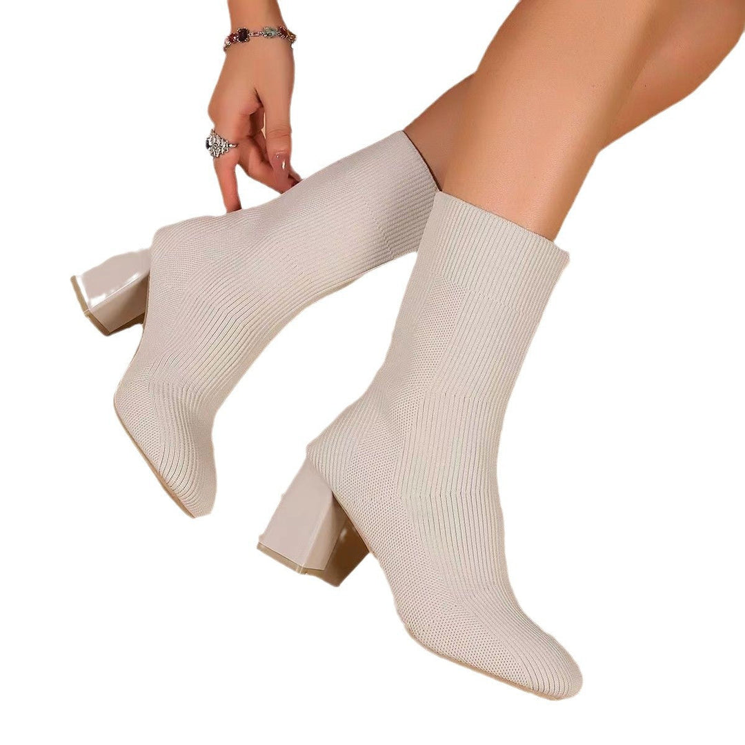 Damen Strickstiefeletten mit transparentem Blockabsatz und elastischem Schaft