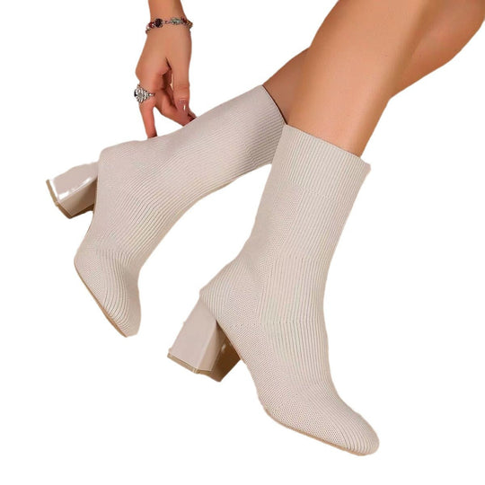 Damen Strickstiefeletten mit transparentem Blockabsatz und elastischem Schaft