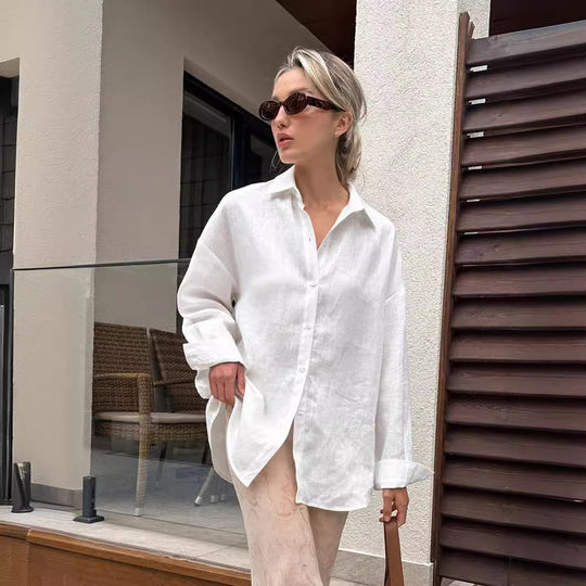 Damen Leinenhemd mit lässigem Schnitt und oversized Ärmeln