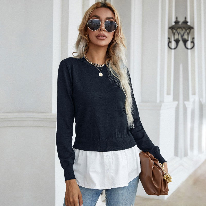 Damen Strickpullover mit eingearbeitetem Blusenbesatz und Doppel-Layer-Optik Shop Nory
