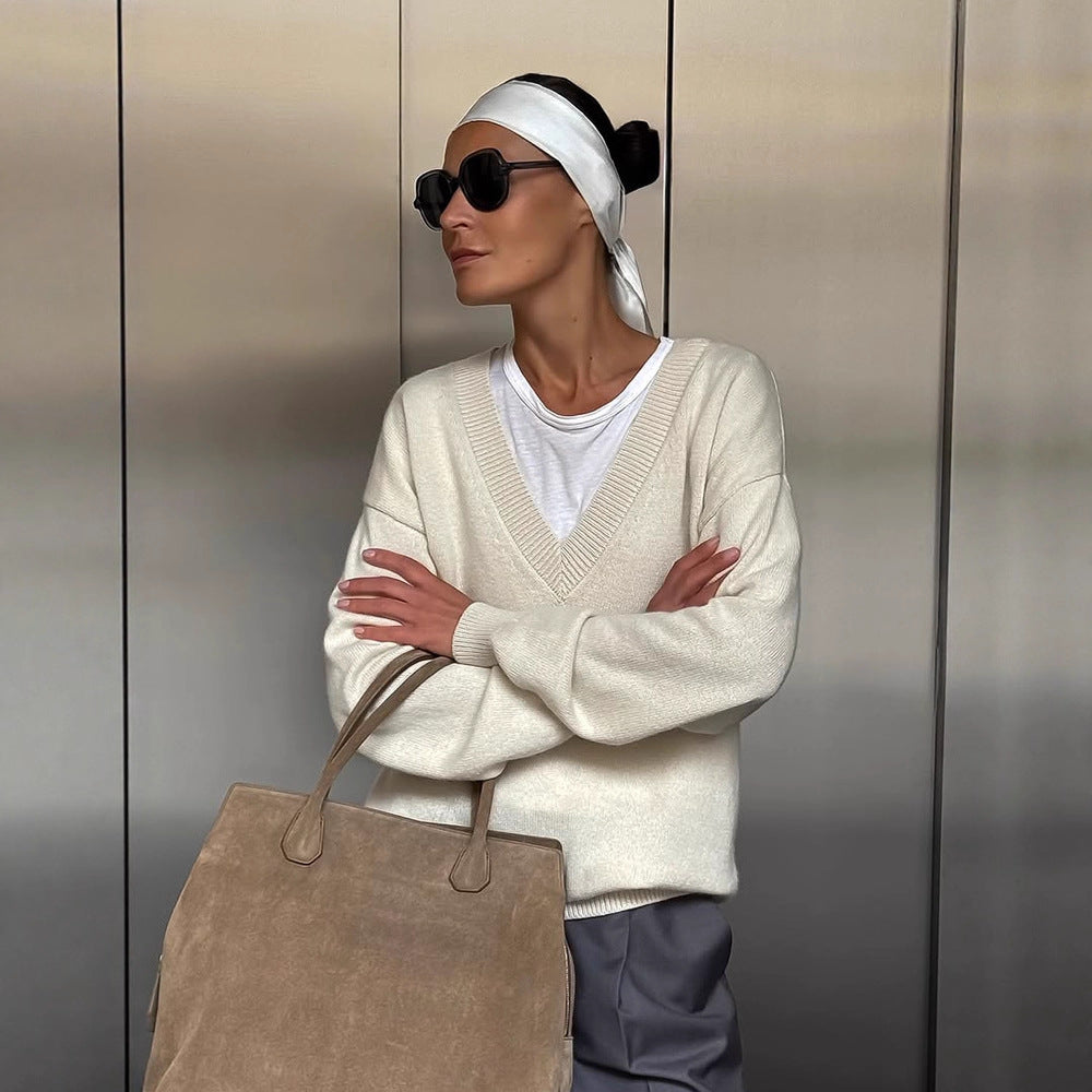 Damen Oversize V-Ausschnitt Pullover aus Kaschmir-Mix mit geripptem Saum Shop Nory
