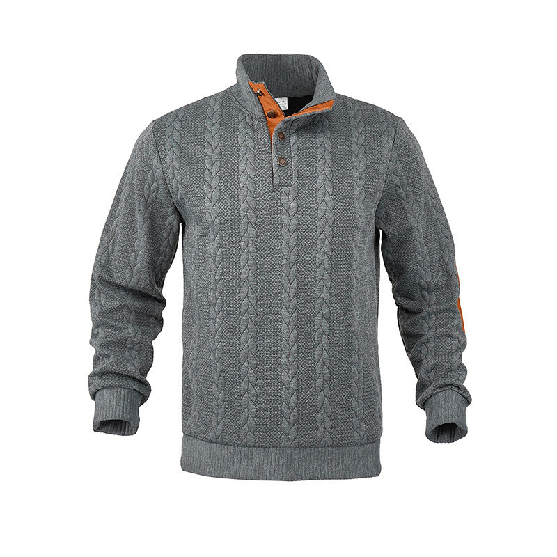 Herren Kabelstrick-Pullover mit Stehkragen, Knopfleiste & Ellbogenpatches Shop Nory