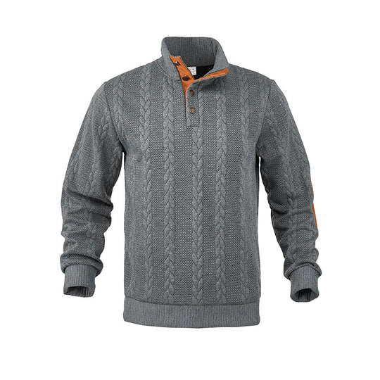 Herren Kabelstrick-Pullover mit Stehkragen, Knopfleiste & Ellbogenpatches Shop Nory