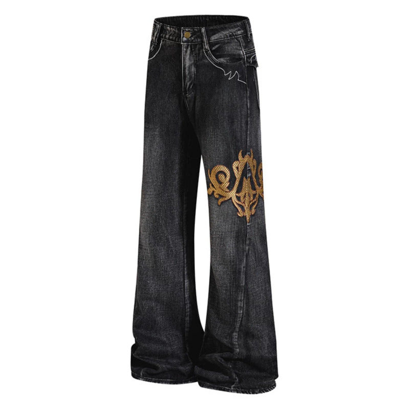 Damen Weite High‑Waist Schlaghose aus Denim mit barocker Stickerei Shop Nory