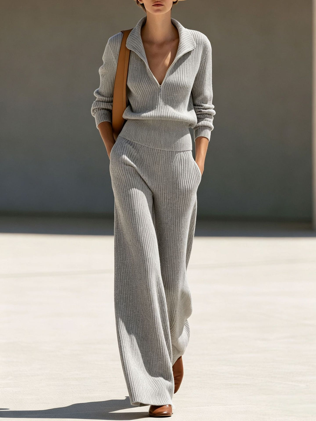 Damen Rippstrick-Set mit halbem Reißverschluss und weiten Palazzo-Hosen Shop Nory