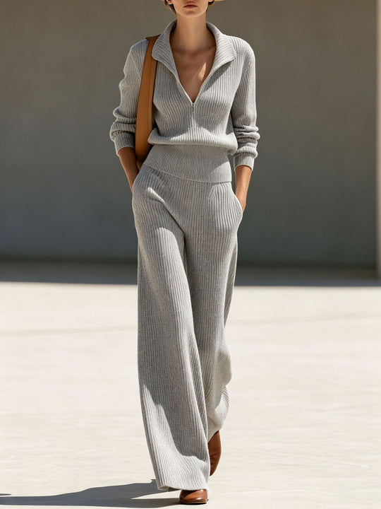 Damen Rippstrick-Set mit halbem Reißverschluss und weiten Palazzo-Hosen Shop Nory