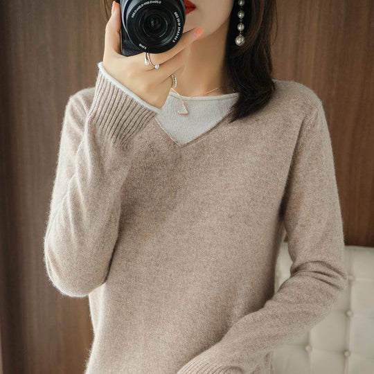 Damen Weicher V‑Ausschnitt-Pullover aus Kaschmir‑Look mit kontrastierter Kantenverzierung Shop Nory