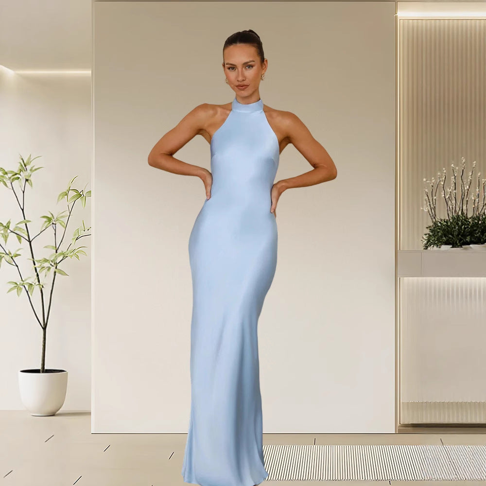 Damen Elegantes Satin-Maxikleid mit hohem Kragen und körpernahem Schnitt Shopnory