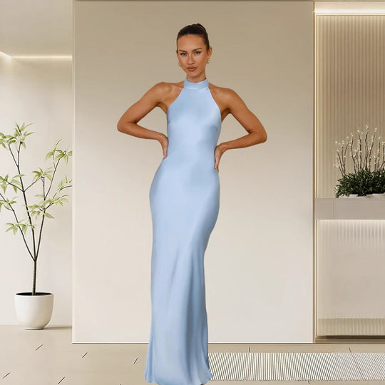 Damen Elegantes Satin-Maxikleid mit hohem Kragen und körpernahem Schnitt Shopnory