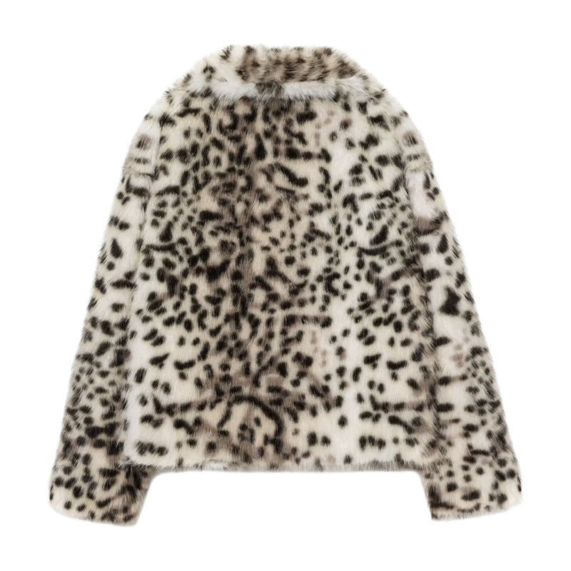 Damen Kurzjacke aus Kunstpelz im Snow-Leopard-Print mit weitem Revers Shop Nory